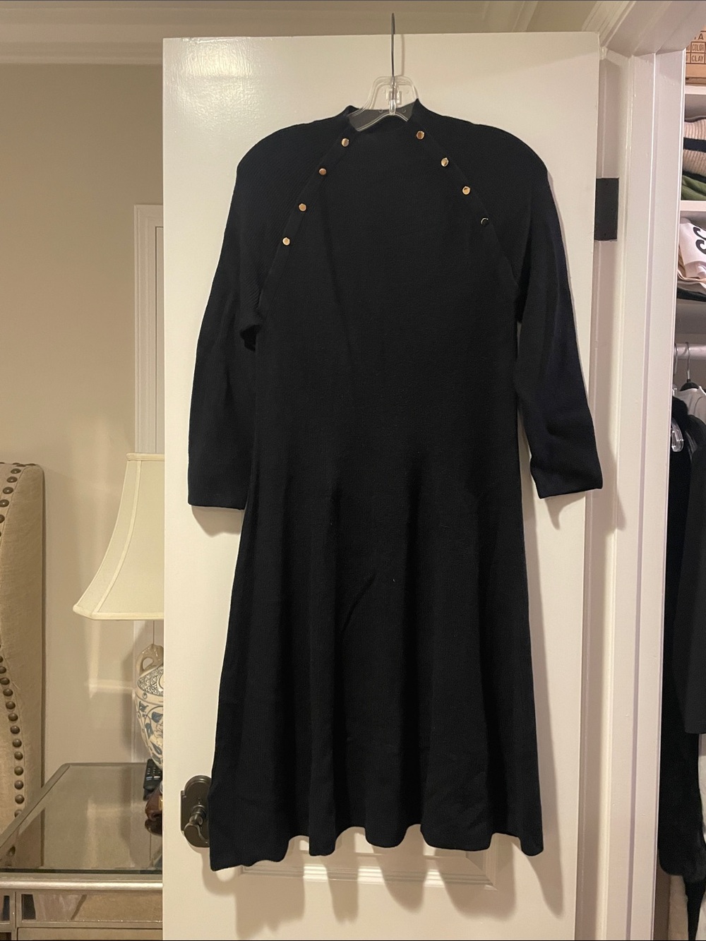 Ann Taylor Black Long-Sleeve Knit Midi Dress with Gold Buttons